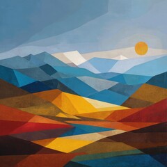 Poster - A vibrant abstract landscape featuring geometric shapes in layered colors of blue, yellow, red, and brown, resembling stylized mountains and sky.