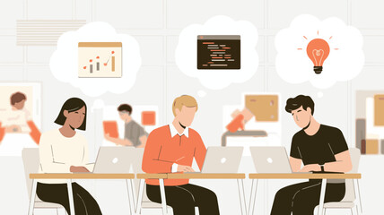 Creative team brainstorming ideas with data visualizations, code, and innovative concepts
