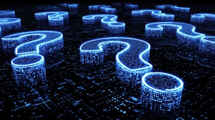 Poster - Glowing blue large question marks on a digital grid background, symbolizing inquiry, uncertainty, and the search for knowledge in a technological context