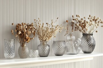 Poster - Decorative dried flower arrangements in glass vases on a white shelf.