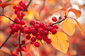 Poster - Clusters of small red berries hang from a branch with vibrant yellow and orange leaves in the soft sunlight of autumn