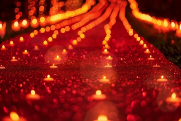 Poster - Many small burning candles on a shiny red carpet creating a romantic and magical atmosphere