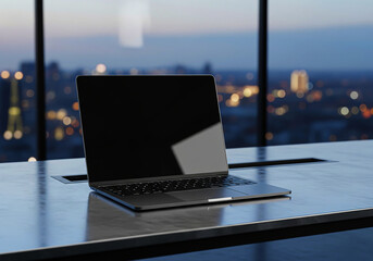 MacBook with blank screen on a marble desk in modern high-rise office with night city lights, professional workspace Laptop mockup, high fidelity render.