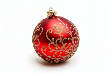 Poster - Shiny red christmas ball ornament decorated with golden glitter on white background, perfect for holiday season decorations