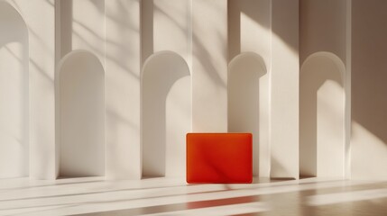 Poster - Minimalist display setting with orange block and arches.