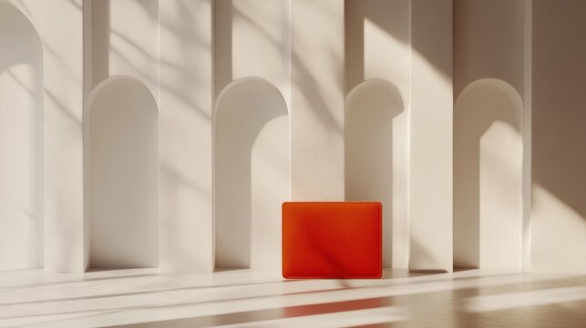 Minimalist display setting with orange block and arches.