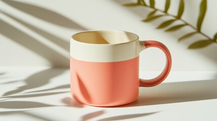 Poster - Coral-toned mug with cream accents on a white surface.