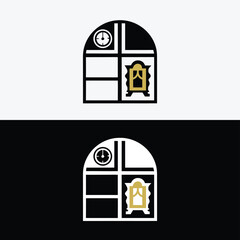 Poster - A captivating window design featuring a clock and furniture, creating a vintage and stylish interior element
