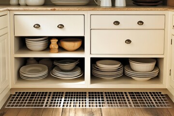 Poster - Kitchen corner cupboard with organized dishes and a grid floor vent.