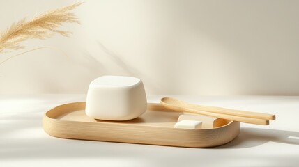Poster - Light beige wooden tray with white block and spoons.