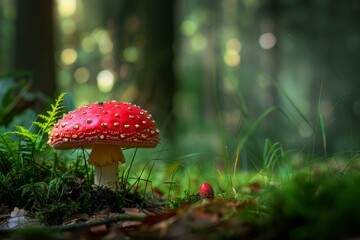 Poster - Red and white spotted toadstool growing in a forest next to a smaller mushroom and surrounded by green grass and moss