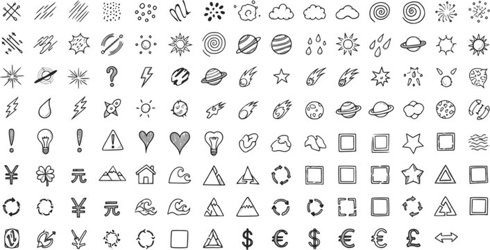 Сollection of various black doodle elements, manga-style illustration pictogram icon set. EPS 10 version.