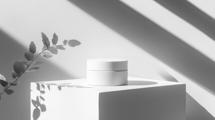 Poster - White cosmetic container on a podium with shadows and leaves.