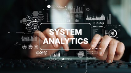Fototapete - Professional Hands Typing on Keyboard with Data Visualizations and Graphs for System Analytics Concept in Modern Environment. Asymptotic smart data analytic.