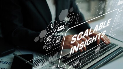 Poster - Business professional analyzing data insights with digital interface and analytics tools for scalable strategies. Asymptotic smart data analytic.