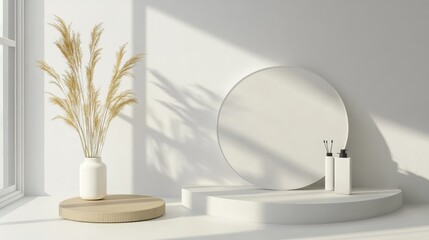 Poster - Minimalist display with dried pampas grass and round frame.