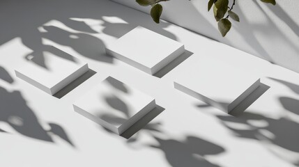 Poster - White square podiums with leaf shadows on a light background.