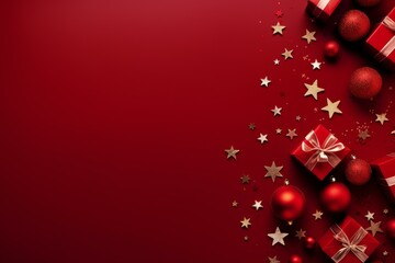 Poster - Christmas still life with gift boxes, red balls and gold stars decorations on red background, creating festive holiday mood