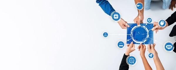 Poster - A diverse group of people collaborates around a digital tablet showcasing innovative technology concepts, highlighted by various digital icons in a modern workspace setting. Amity