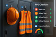 © Chopang.studio - Personal protective equipment checklist with orange safety vest and hard hat hanging on dark lockers, emphasizing workplace safety and inspection compliance
