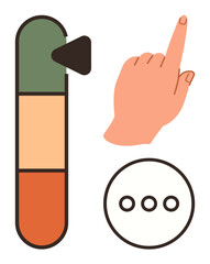 Poster - Hand interacting with vertical slider for adjustment, adjacent to a three-dot menu icon. Ideal for interface design, settings, manipulation, tuning, choices, accessibility, simple flat metaphor