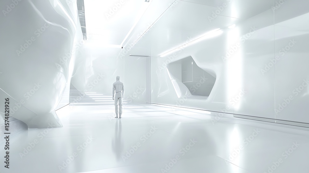 Futuristic all white architectural interior with a solitary figure ...