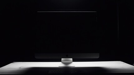 Poster - A computer monitor sits on a table in a dark room.