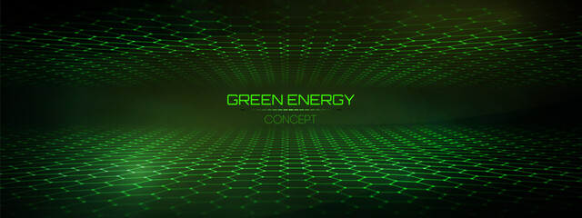 Poster - Hexagon pattern net with green abstract technology background and digital texture. Futuristic honeycomb concept for medical, 3D network energy applications. Modern tech design featuring turquoise hex.