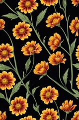Wall Mural - Helenium on black background cartoonish seamless pattern
