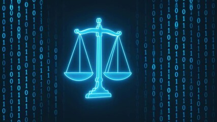 Poster - Digital Justice Symbol of Scales with Binary Code Background Representing Technology and Law