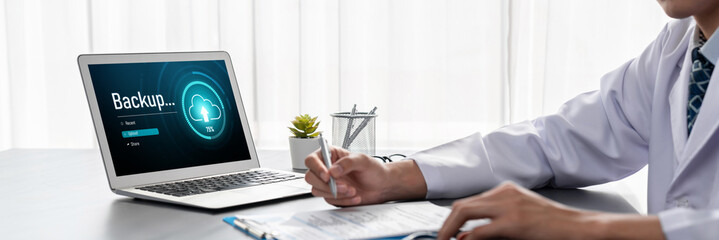 Poster - Backup Storage Data Internet Technology Business concept. Database storage cloud technology file data transfer sharing, cyber, big data information, internet banking application download upload brisk