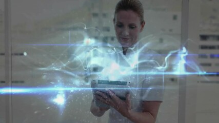 Poster - Healthcare worker holding tablet and scanning health data with glowing blue energy ribbons swirling