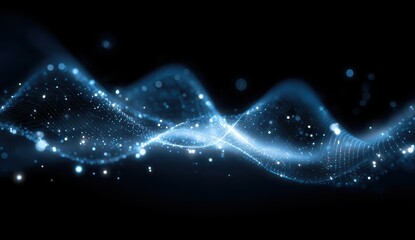 Fototapete - Blue particle wave flowing, dark background. Abstract design/tech wallpaper art