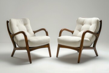 Poster - Pair of elegant mid century modern armchairs featuring a sculpted wooden frame and comfortable white upholstery, creating a stylish and inviting seating arrangement
