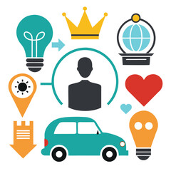 Poster - Collection of icons light bulb crown car taxi van person and heart silhouette isolated on white background