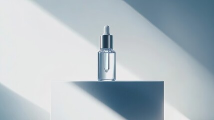 Poster - Clear glass dropper bottle on a light-blue platform.