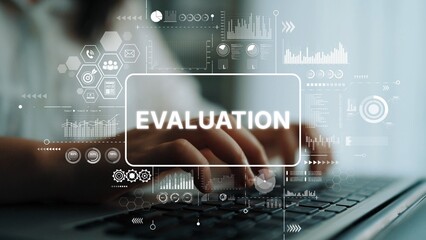 Poster - Person Using Laptop With Overlay of Evaluation Graphic and Data Analysis Elements in Modern Office Environment. Asymptotic smart data analytic.