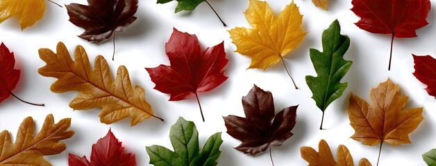 Poster - Vibrant autumn leaves of orange, yellow, and white create a beautiful contrast against a crisp white backdrop