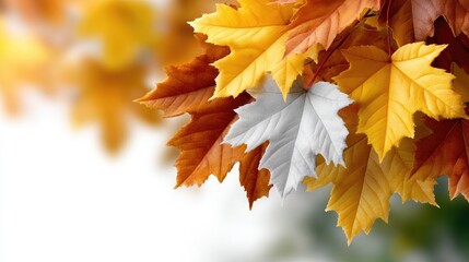 Poster - Vibrant autumn leaves of orange, yellow, and white create a beautiful contrast against a crisp white backdrop