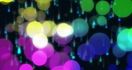 Poster - Upon start backdrop showing streaming binary code and drifting colored circles layering interface