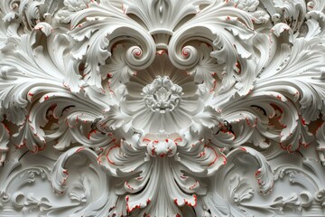 Poster - Decorative gypsum stucco floral pattern in white color, with artistic ornaments, creating a sophisticated and elegant atmosphere