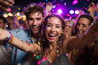 © EricMiguel - Happy young people celebrating and taking selfies at a lively party with colorful confetti and vibrant lights