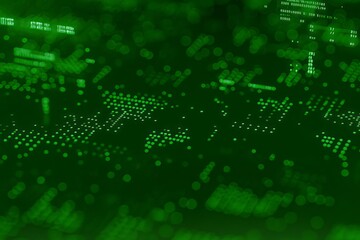 Fototapete - An abstract representation of data processing with glowing green code and blurred lights evoking a sense of digital mystery and interconnected technology.