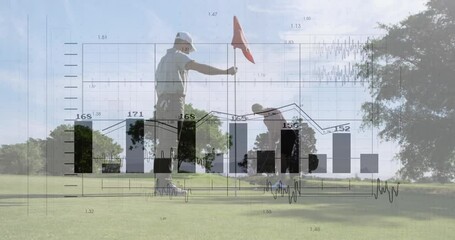 Poster - Two golfers pausing on green and initiating animated charts for technology analysis