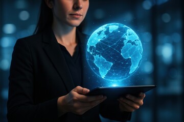 Poster - Global Vision: A businesswoman holds a holographic globe above a digital tablet, symbolizing global connectivity and innovation, perfect for concepts about technology and the future.