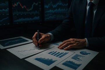 Poster - The Trader's Analytical Approach: A sharp-dressed trader, deep in thought, meticulously analyzes market data, charting financial trends in a dynamic, professional environment.