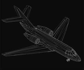 Poster - A 3D wireframe model of a fighter jet features intricate details like wings, tail, and cockpit on a black background. The realistic rendering highlights the aircraft's sleek design and advanced.