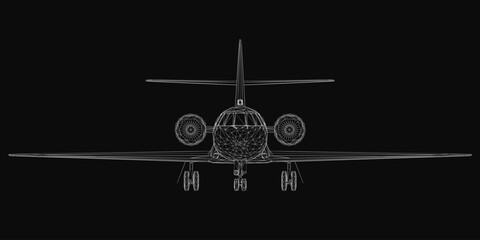Poster - A 3D wireframe model of an aircraft displays intricate structural details against a black background. The transparent design highlights the plane's aerodynamic shape and engineering components.