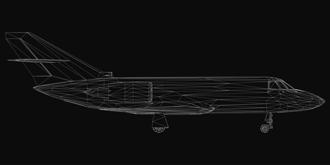 Fototapete - A 3D wireframe model of an aircraft with detailed wings, tail, and cockpit stands out against a black background. The realistic rendering highlights the plane's intricate structure and sleek design.