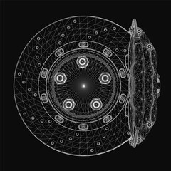 Poster - Black and white wireframe drawing of a brake disc with clean white lines against a dark background, highlighting its circular shape and intricate mechanical details.